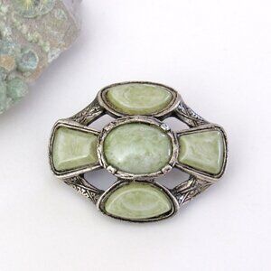 Vintage Art Deco Style Silver Tone Pin Brooch with Faux Green Stones